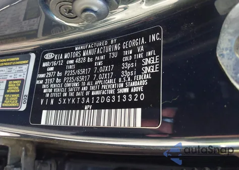 2013 Kia Sorento Lx z USA, uszkodzony, nr VIN 5XYKT3A12DG313320